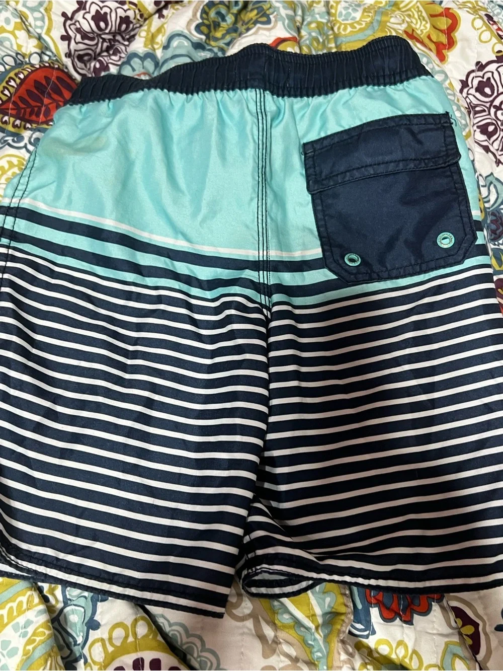Old Navy Aqua, Teal and Navy Boys' Striped Swim Trunks